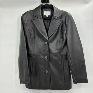 Women’s Button Up Leather Jacket Y2K 90s Academia Old Money Black Medium